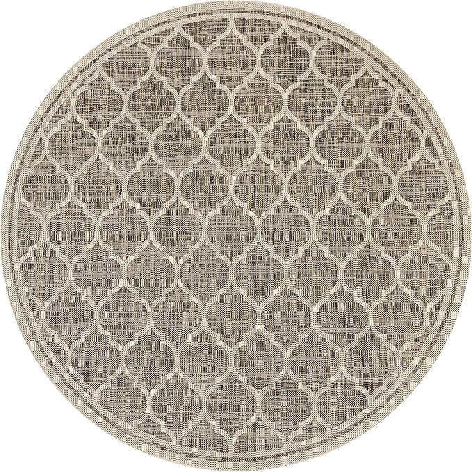 Eyely BMS109A-6R Santa Monica Trebol Moroccan Trellis Textured Weave, Pet Friendly, Non-Shedding, Stain Resistant, Easy-Cleaning, Brown/Beige, 6' Round, Indoor/Outdoor, Area Rug