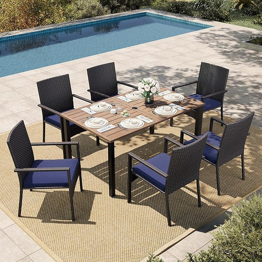 HERA'S HOUSE Patio Table and Chairs Set 7-Piece, Outdoor Dining Furniture Set with Cushions, All-Weather Wood Grain Table with 1.6"-2" Umbrella Hole & Wicker Chairs for Backyard, Garden, Deck