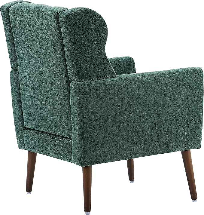 Accent Chair, Comfy Upholstered Living Room Chairs with High Tufted Backrest and Pillow, Wingback Reading Chair with Solid Wood Legs for Bedroom/Office, Chenille Fabric, Blackish Green