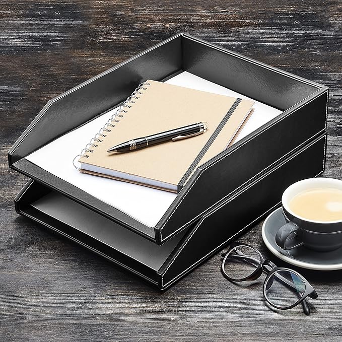 Gallaway Leather Letter Tray Organizer - PU Leather Desk Tray, Perfect for Office Organization, Document Holder Fits A4 Paper, Stackable Drawers for Extra Storage (Black)