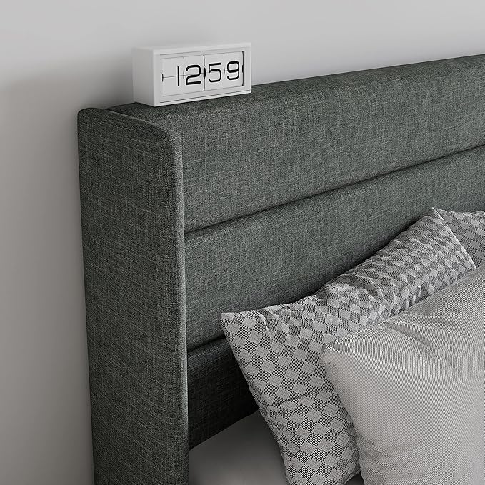 SHA CERLIN Full Size Lift Up Storage Bed/Modern Wingback Headboard/Upholstered Platform Bed Frame/Hydraulic Storage/No Box Spring Needed/Wood Slats Support/Dark Grey