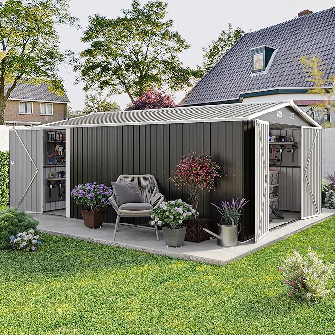 10x14 FT Outdoor Storage Shed, Large Metal Garden Shed with Side Door, Outside Tool Sheds with 3 Lockable Hinged Doors, Waterproof Storage Building with 4 Air Vents for Backyard, Patio, Dark Gray