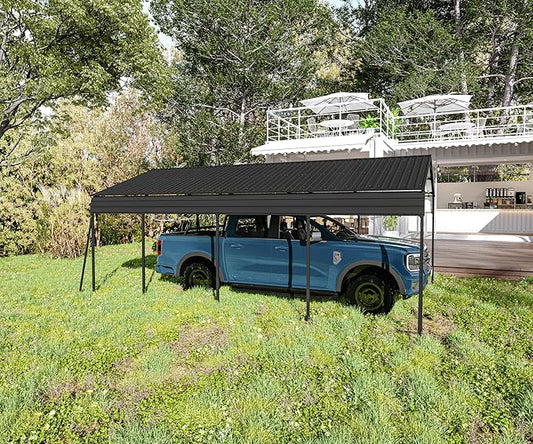 12x20 FT Metal Carport, Heavy Duty Car Port Canopy with Galvanized Steel Roof & Frame, Large Metal Carport Kit, Steel Car Shelter, Outdoor Car Garage for Car, Boat, Truck, Dark Gray