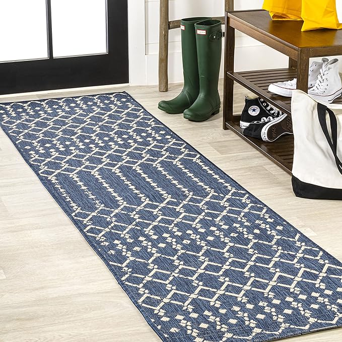 JONATHAN Y SMB108K-28 Ourika Moroccan Geometric Textured Weave Indoor Outdoor Runner Rug, Bohemian Coastal Traditional Easy-Cleaning,Bedroom,Kitchen,Backyard,Patio,Non Shedding, 2 X 8, Navy/Beige