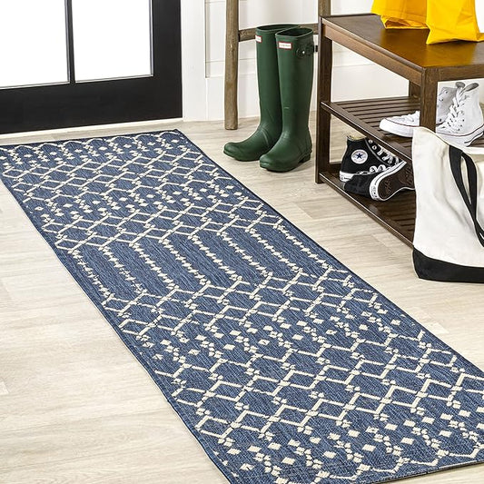 JONATHAN Y SMB108K-28 Ourika Moroccan Geometric Textured Weave Indoor Outdoor Runner Rug, Bohemian Coastal Traditional Easy-Cleaning,Bedroom,Kitchen,Backyard,Patio,Non Shedding, 2 X 8, Navy/Beige