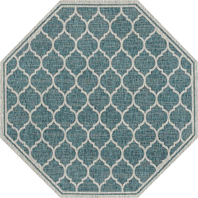 Eyely BMS109E-8TGN Trebol Moroccan Trellis Textured Weave Teal/Gray 8' Octagon Indoor/Outdoor Area Rug, Teal/Gray, 8' Octagon, Indoor/Outdoor, Area Rug