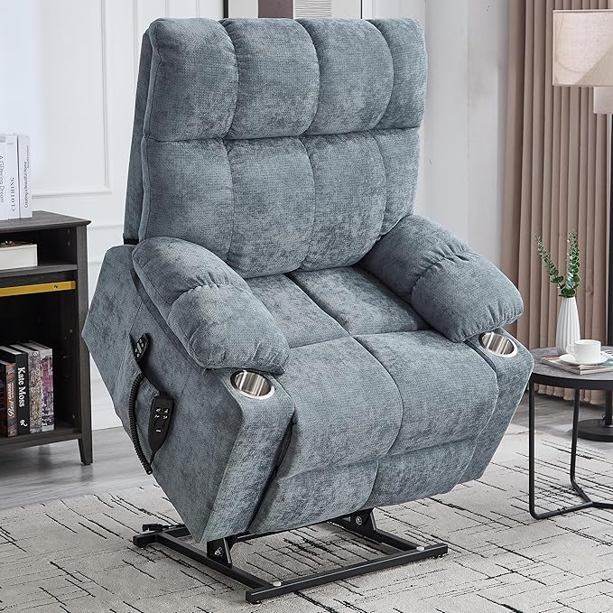 Oversized Recliner with Massage and Heating, Power Lift Chairs for Elderly, Extra Wide Recliner Chair for Living Room with Cup Holders, Dual Motor, Chenille Fabric - Grayish Blue