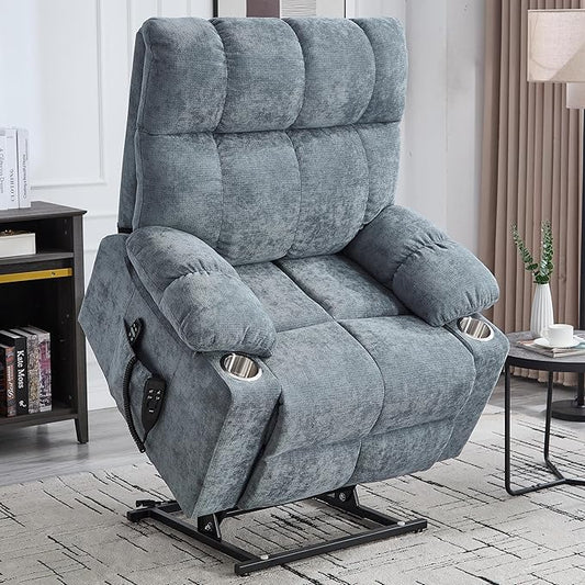 Oversized Recliner with Massage and Heating, Power Lift Chairs for Elderly, Extra Wide Recliner Chair for Living Room with Cup Holders, Dual Motor, Chenille Fabric - Grayish Blue