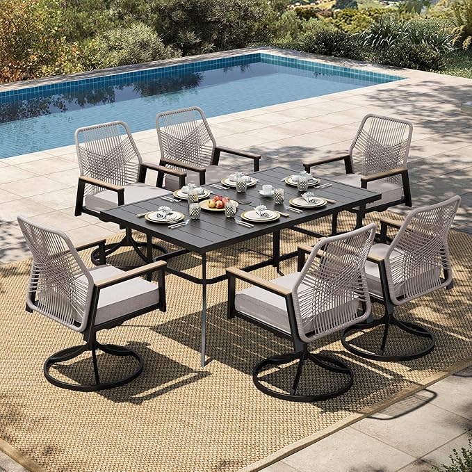 HERA'S HOUSE 7 Pieces Patio Table and Chairs Set, Outdoor Dining Set for 7, Patio Dining Set of 6 Cushioned Woven Rattan Patio Swivel Chairs and 1 Black Metal Table with Umbrella Hole for Lawn