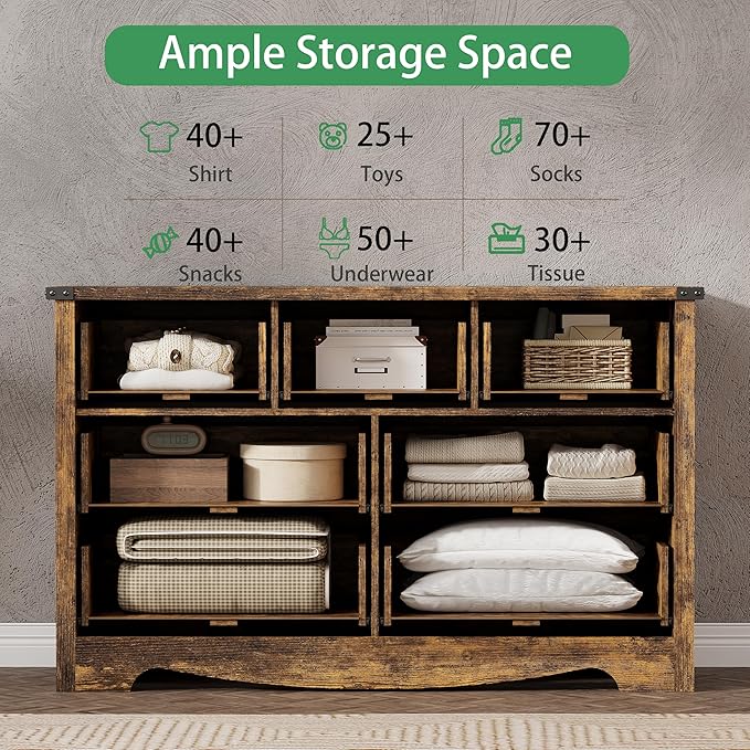 Dresser for Bedroom with 7 Drawers, 48" Wide Wood Chest of Drawers with Deep Drawers & Mental Handle, Modern Dresser TV Stand, Wooden Closet Storage Organizer for Living Room, Hallway, Entryway, Brown