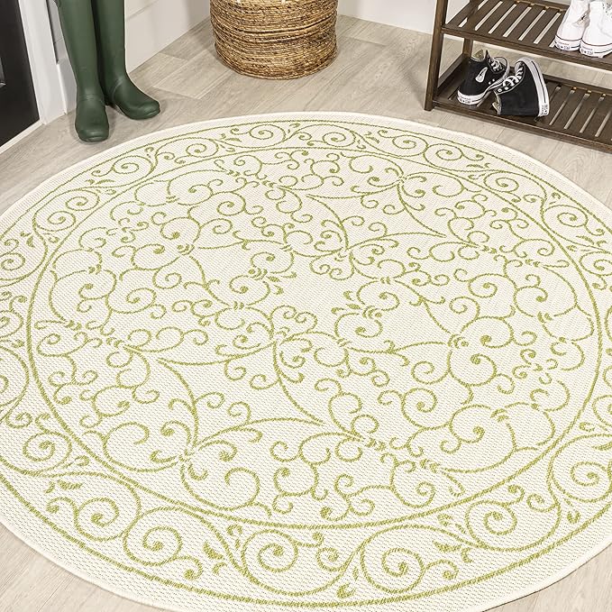 JONATHAN Y SMB106I-5R Charleston Vintage Filigree Textured Weave Indoor Outdoor Area Rug, Bohemian Coastal Traditional Easy Cleaning,Bedroom,Kitchen,Backyard,Patio,Non Shedding, 5' Round, Cream/Green