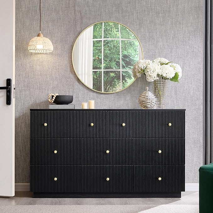 Fluted Dresser for bedroom, 55"W Black 8 Drawer Dressers, Wood Tall Dresser Storage Organizer, Modern Bedroom Chest of Drawers with Deep Storage for Closet Hallway, Entryway, Living Room Black