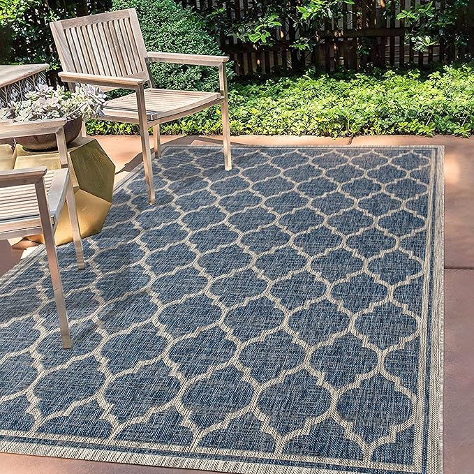 Eyely BMS109D-14 Santa Monica Trebol Moroccan Trellis Textured Weave, Pet Friendly, Non-Shedding, Stain Resistant, Easy-Cleaning, Navy/Gray, 10 ft. x 14 ft., Indoor/Outdoor, Area Rug