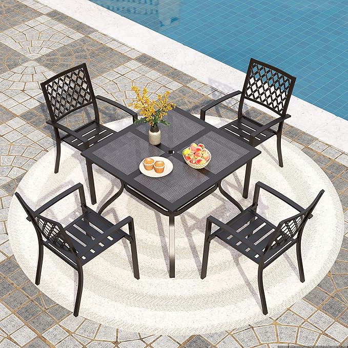 PHI VILLA Patio Dining Set Wrought Iron Outdoor Table and Chairs Furniture Set 5 Piece, 37" Square Bistro Table with Umbrella Hole and 4 Backyard Garden Chairs Support 300LBS for Deck, Lawn, Garden
