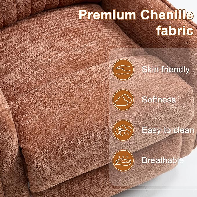 Manual Swivel Rocker Recliner Chair for Adults, Overstuffed Recliner Glider with Massage and Heat, Living Room Reclining Chair, Fabric Orange