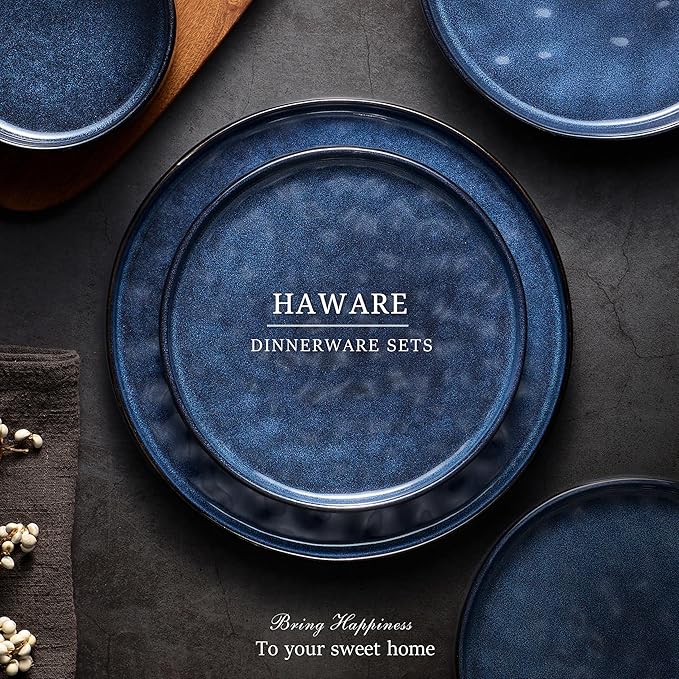 HaWare Dinnerware Sets, 12-Piece Plates and Bowls Set, Stoneware Dish Set for 4, Ceramic Dinnerware for Home Restaurant, Chip and Scratch Resistant, Microwave and Dishwasher Safe, Reactive Starry Blue