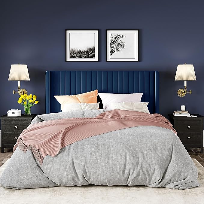Allewie Full Size Velvet Bed Frame/Vertical Channel Tufted Wingback Headboard/Upholstered Platform Bed/Strong Wooden Slats/No Box Spring Needed/Easy Assembly/Blue