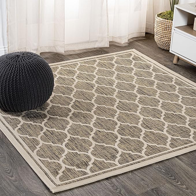 Eyely BMS109A-6SQ Santa Monica Trebol Moroccan Trellis Textured Weave, Pet Friendly, Non-Shedding, Stain Resistant, Easy-Cleaning, Brown/Beige, 6' Square, Indoor/Outdoor, Area Rug