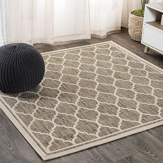 Eyely BMS109A-6SQ Santa Monica Trebol Moroccan Trellis Textured Weave, Pet Friendly, Non-Shedding, Stain Resistant, Easy-Cleaning, Brown/Beige, 6' Square, Indoor/Outdoor, Area Rug