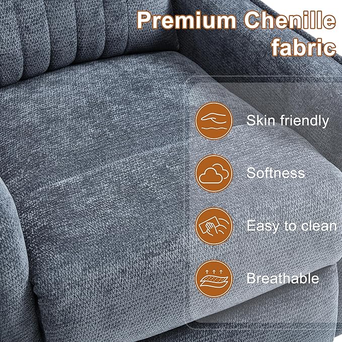 Manual Swivel Rocker Recliner Chair for Adults, Overstuffed Recliner Glider with Massage and Heat, Living Room Reclining Chair, Fabric Blue