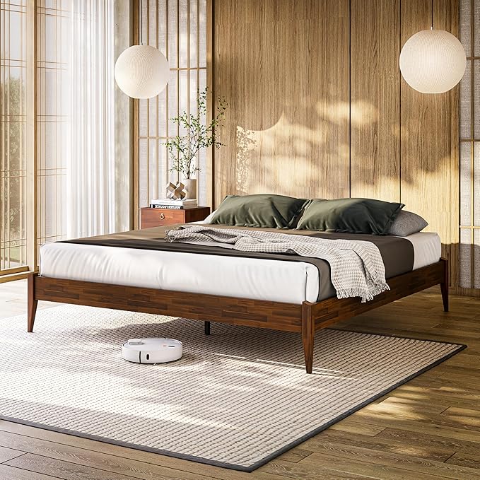 Bme Dinkee King Bed Frame Wood 15 Inch - Solid Wood Platform Bed Frame - Japanese Joinery Bed - Modern & Minimalist Style - Wood Slat Support - Easy Assembly - No Box Spring Needed - Chocolate