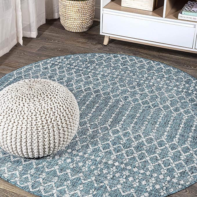 JONATHAN Y SMB108C-5R Ourika Moroccan Geometric Textured Weave Indoor Outdoor Area Rug, Bohemian, Rustic, Scandinavian Easy-Cleaning,Bedroom,Kitchen,Backyard,Patio,Non Shedding, Teal/Gray, 5' Round