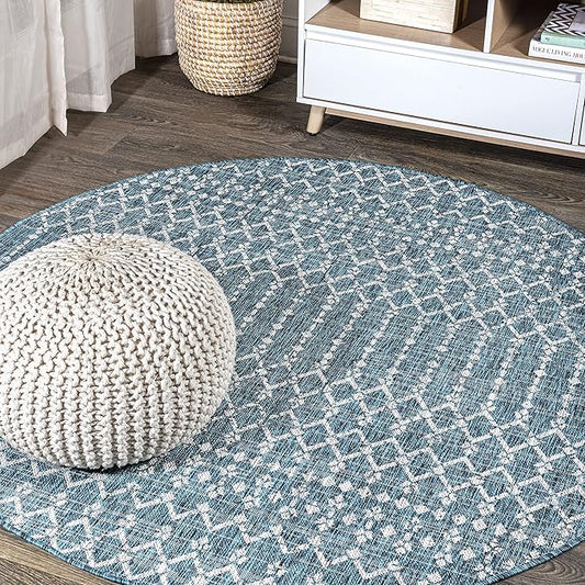 JONATHAN Y SMB108C-9R Ourika Moroccan Geometric Textured Weave Teal/Gray 9' Round Indoor/Outdoor Area Rug, Pet Friendly, Non-Shedding, Stain Resistant, Easy-Cleaning for Backyard, Patio, Porch