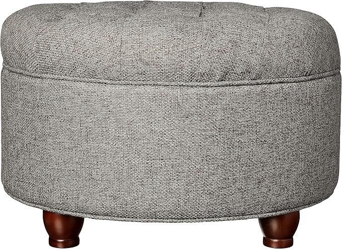 Homepop Home Decor | Button Tufted Woven Round Storage Ottoman | Ottoman with Storage for Living Room & Bedroom (Dark Gray)