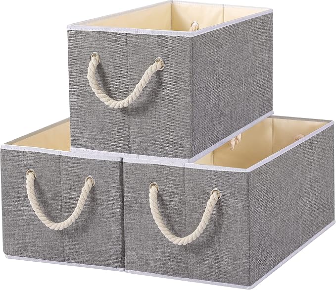 Yawinhe Foldable Fabric Storage Cubes 3-Pack, Collapsible Bins with Rope Handle, Large Closet Organizers for Shelves, Closets, Clothes, 14.96''Lx9.84''Wx8.26''H, Grey