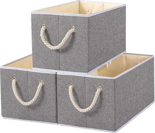 Yawinhe Foldable Storage Basket 3-Pack, Large Fabric Bins with Rope Handle, Used for Organizing Shelves, Closets, Clothes, 12.99''Lx9.05''Wx7.87''H, Grey