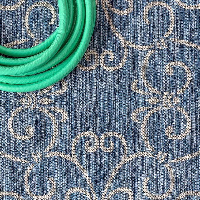 JONATHAN Y SMB106D-5SQ Charleston Vintage Filigree Textured Weave Indoor Outdoor Area Rug Classic Coastal Easy Cleaning Bedroom Kitchen Backyard Patio Non Shedding, 5' Square, Navy/Gray
