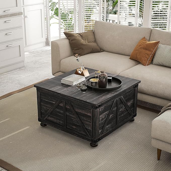 HOMCOM Farmhouse Coffee Table, 31.5" Square Coffee Table with Storage, Living Room Center Table with Hinged Flip Lift Top and Hidden Space, Distressed Brown