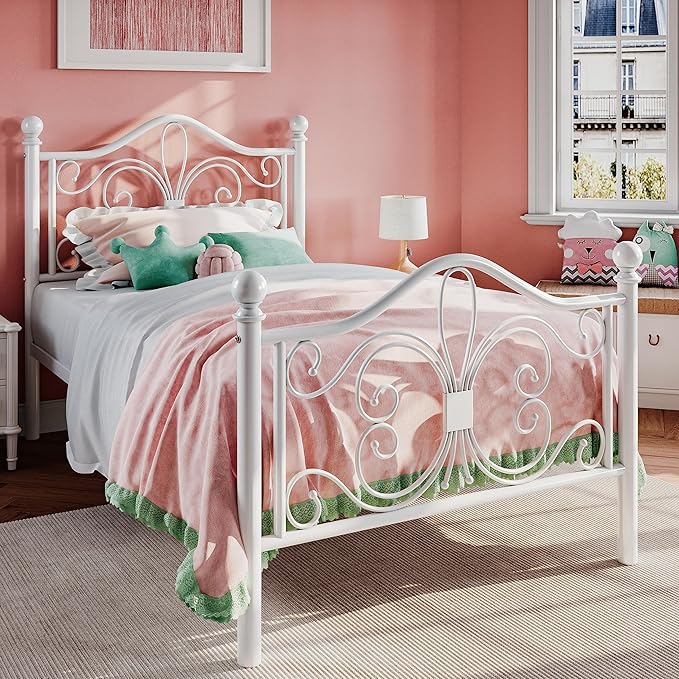 SHA CERLIN Twin Size Bed Frame for Kids,Metal Bed Frame with Butterfly Pattern Design Headboard & Footboard,No Box Spring Needed,Easy Assembly,White