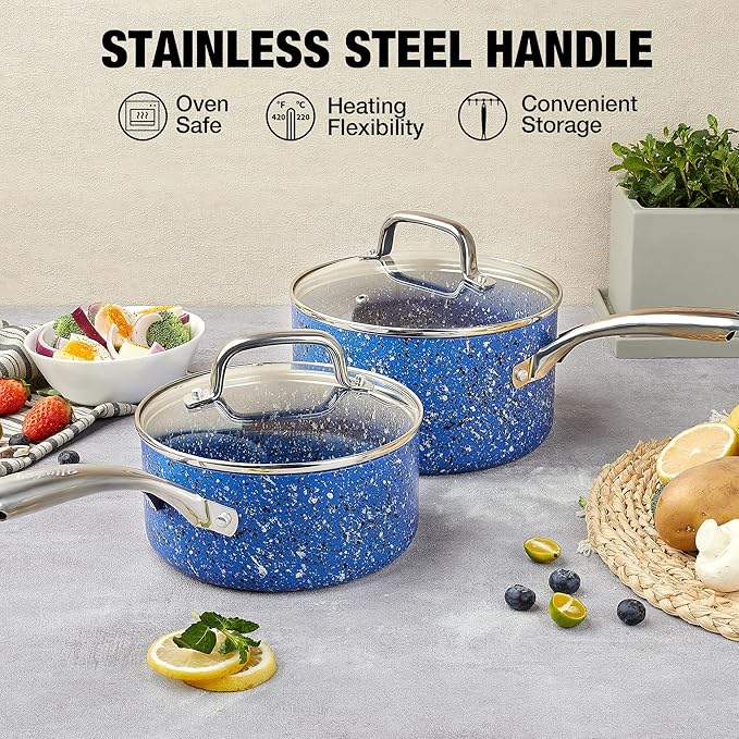 Saucepan Set with Lid, Nonstick 2Qt & 3Qt Pot Set with Lid, Small Pot with Stainless Steel Handle, Natural Granite Nonstick Saucepan Set, Small Sauce Pots, Blue Pot Set - 2Qt & 3Qt