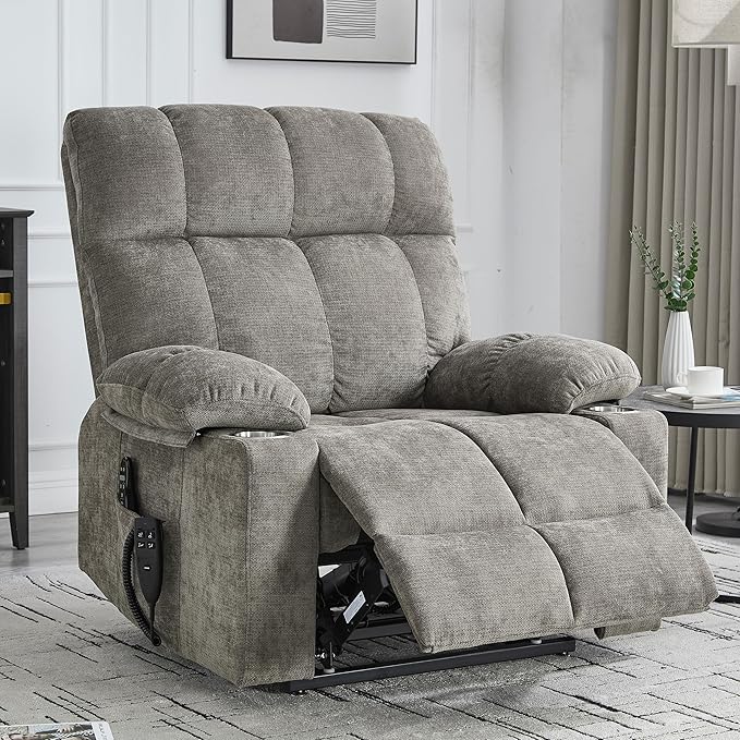 Oversized Recliner with Massage and Heating, Power Lift Chairs for Elderly, Extra Wide Recliner Chair for Living Room with Cup Holders, Dual Motor, Chenille Fabric - Brown
