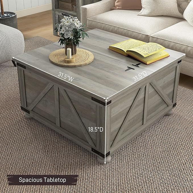 HOMCOM Farmhouse Coffee Table, 31.5" Square Coffee Table with Storage, Living Room Center Table with Hinged Flip Lift Top and Hidden Space, Distressed Gray