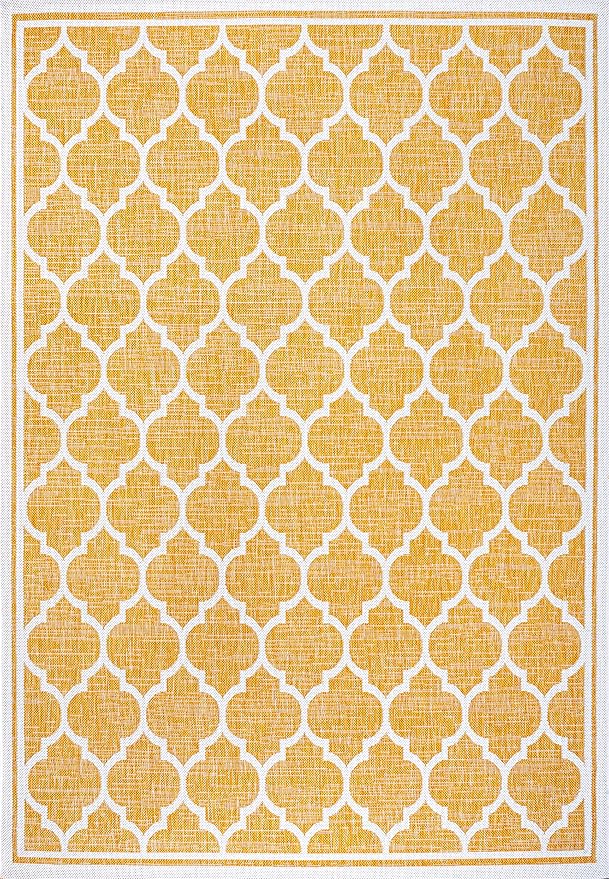 Eyely BMS109F-9 Santa Monica Trebol Moroccan Trellis Textured Weave Indoor/Outdoor Area Rug Coastal;Bohemian, Bedroom, Backyard, Patio, Easy-Cleaning, Non-Shedding, 9 X 12, Yellow/Cream