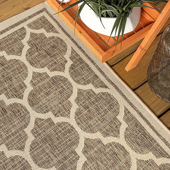 Eyely BMS109A-28 Santa Monica Trebol Moroccan Trellis Textured Weave Indoor/Outdoor Runner Rug Coastal;Bohemian, Bedroom, Backyard, Patio, Easy-Cleaning, Non-Shedding, 2 X 8, Brown/Beige