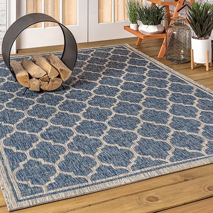 Eyely BMS109D-3 Santa Monica Trebol Moroccan Trellis Textured Weave Indoor/Outdoor Area Rug Coastal;Bohemian, Bedroom, Backyard, Patio, Easy-Cleaning, Non-Shedding, 3 X 5, Navy/Gray