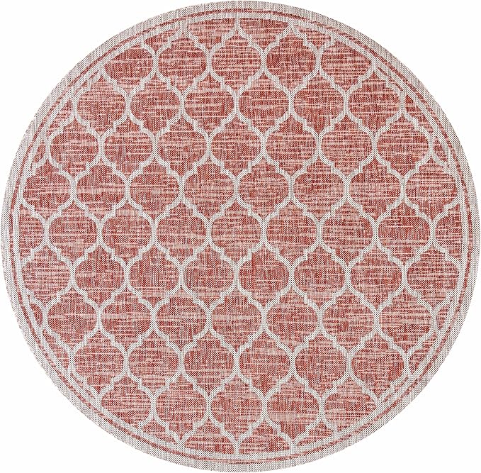 Eyely BMS109C-5R Santa Monica Trebol Moroccan Trellis Textured Weave Indoor/Outdoor Area Rug Coastal;Bohemian, Bedroom, Backyard, Patio, Easy-Cleaning, Non-Shedding, 5' Round, Red/Beige