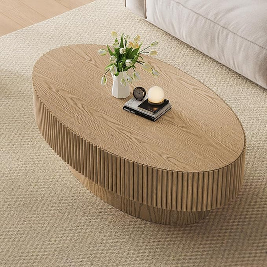 Oval Wood Coffee Table, Modern Fluted Coffee Table for Living Room, Veneer Handcrafted Relief 43.7" Olive-Shaped Tea Table with Sturdy Pedestal，Easy Assembly - Natural