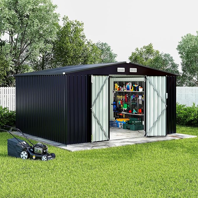 8x10 FT Metal Storage Sheds Outdoor, MetalTool Shed with Lockable Door, MetalYard Sheds Garden Shed Kit, Metal UtilitySheds Buildings with Air Vent for Backyard Garden Patio Lawn
