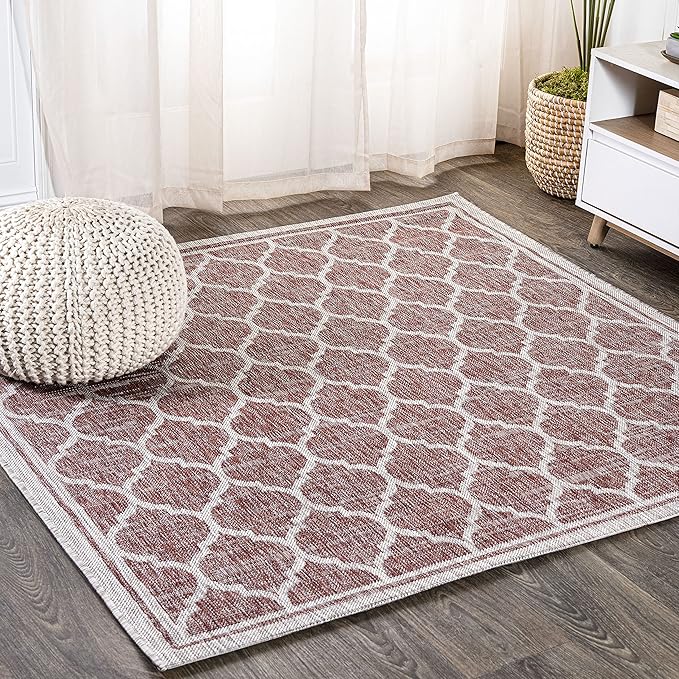Eyely BMS109C-4SQ Santa Monica Trebol Moroccan Trellis Textured Weave, Pet Friendly, Non-Shedding, Stain Resistant, Easy-Cleaning, Red/Beige, 4' Square, Indoor/Outdoor, Area Rug