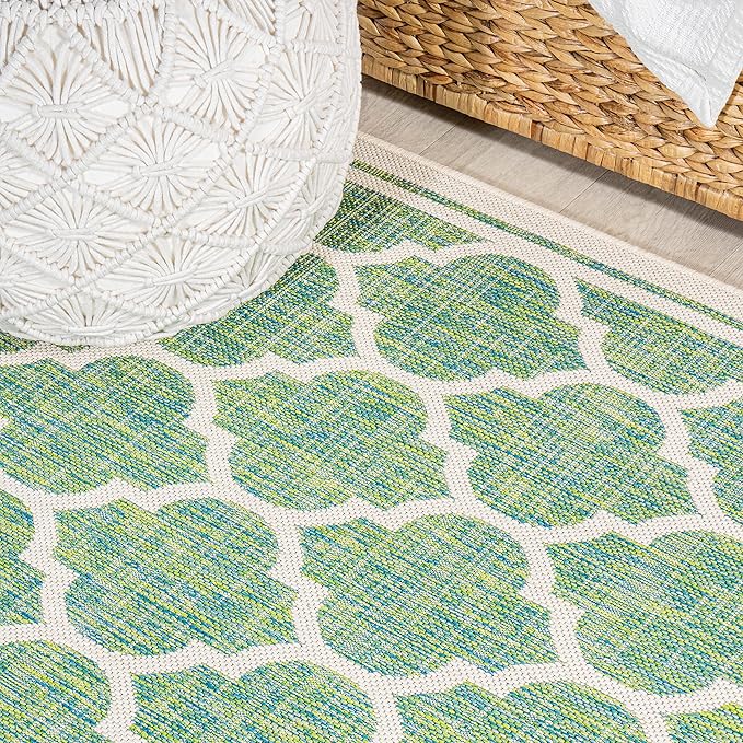 Eyely BMS109I-28 Santa Monica Trebol Moroccan Trellis Textured Weave Indoor/Outdoor Runner Rug Coastal;Bohemian, Bedroom, Backyard, Patio, Easy-Cleaning, Non-Shedding, 2 X 8, Cream/Green