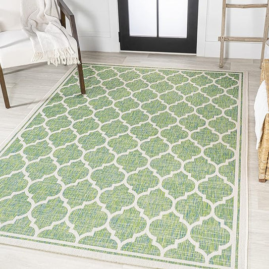 Eyely BMS109I-9 Santa Monica Trebol Moroccan Trellis Textured Weave Indoor/Outdoor Area Rug Coastal;Bohemian, Bedroom, Backyard, Patio, Easy-Cleaning, Non-Shedding, 9 X 12, Cream/Green