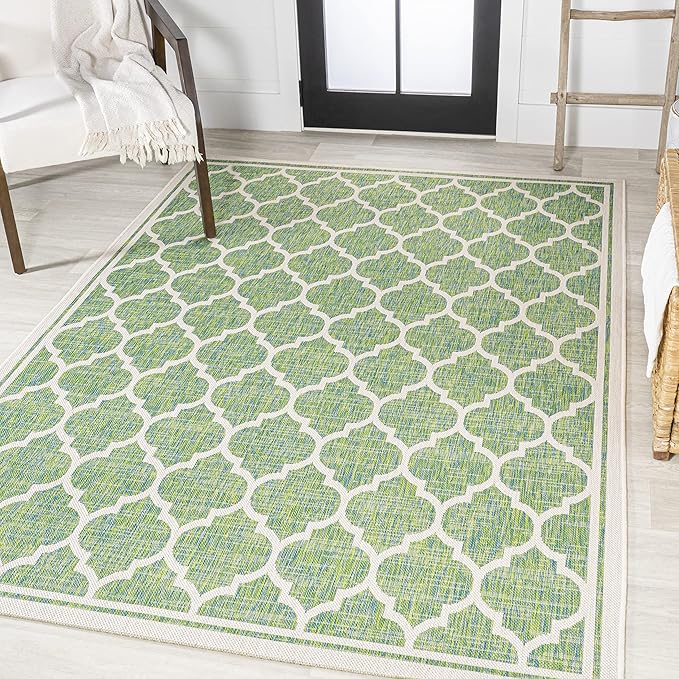 Eyely BMS109I-8 Santa Monica Trebol Moroccan Trellis Textured Weave Indoor/Outdoor Area Rug Coastal;Bohemian, Bedroom, Backyard, Patio, Easy-Cleaning, Non-Shedding, 8 X 10, Cream/Green