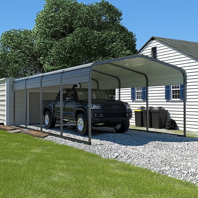 VEIKOU 12' x 20' Carport, Upgraded Car Port with Heavy Duty Steel Roof, Metal Carport Kit for Auto, Cars, Grey