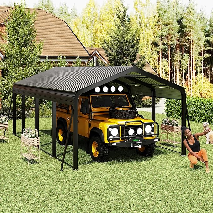 12x20 FT Metal Carport, Heavy Duty Car Port Canopy with Galvanized Steel Roof & Frame, Large Metal Carport Kit, Outdoor Car Garage, Steel Car Shelter for Car, Boat, Truck, Dark Gray