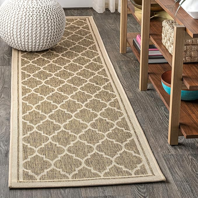 Eyely BMS109A-214 Santa Monica Trebol Moroccan Trellis Textured Weave, Pet Friendly, Non-Shedding, Stain Resistant, Easy-Cleaning, Brown/Beige, 2 ft. x 14 ft., Indoor/Outdoor, Runner Rug