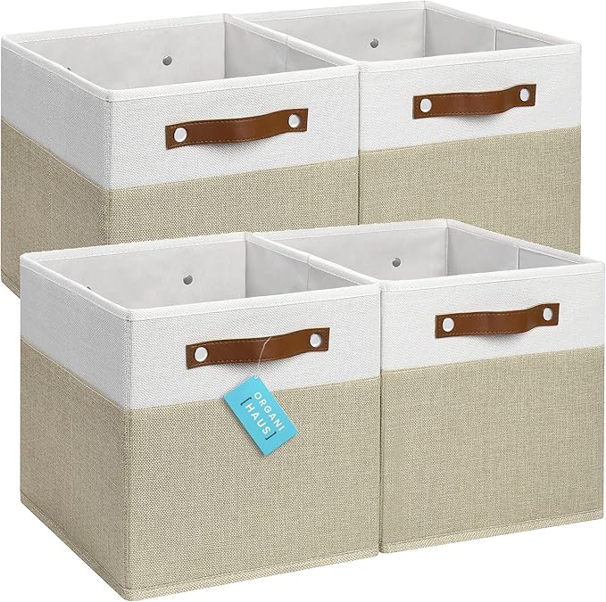 OrganiHaus 11x11 Fabric Cubes Storage Bins Set of 4, Foldable Collapsible Fabric Storage Bins for Organizer, Cubbies Organizer for Kallax, Linen Cube Shelf Baskets, Toy Organizing boxes - Beige/White